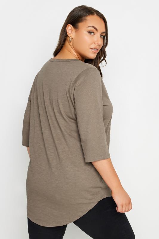 YOURS Plus Size Brown Pintuck Henley T-Shirt | Yours Clothing 3