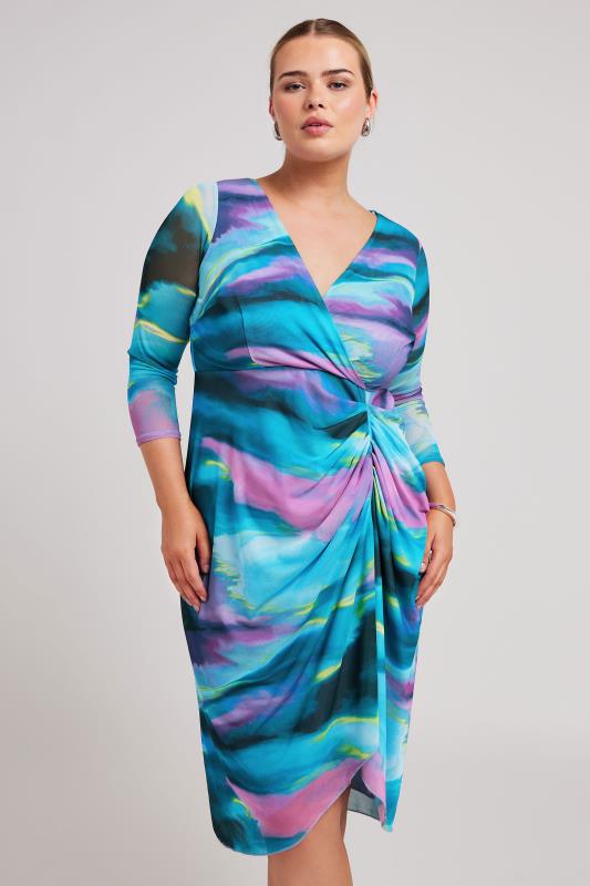 YOURS LONDON Plus Size Blue Abstract Print Mesh Midi Dress | Yours Clothing 1
