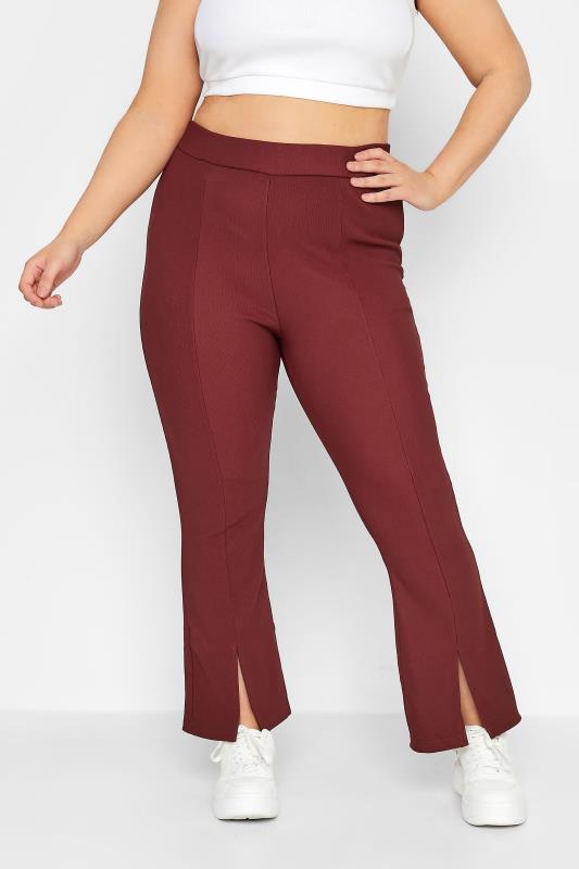 Plus Size Burgundy Red Split Front Flared Leggings | Yours Clothing 1