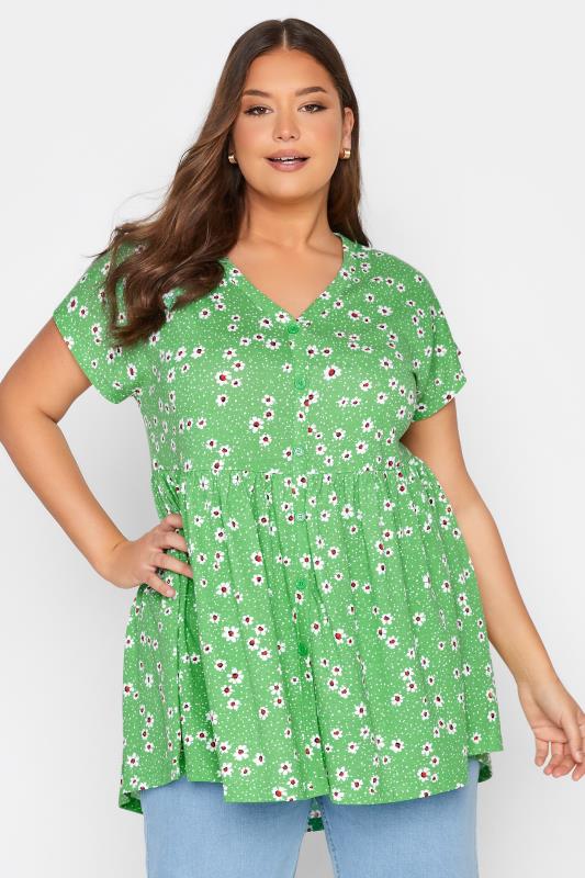 Plus Size Green Daisy Print Button Through Smock Top | Yours Clothing  1