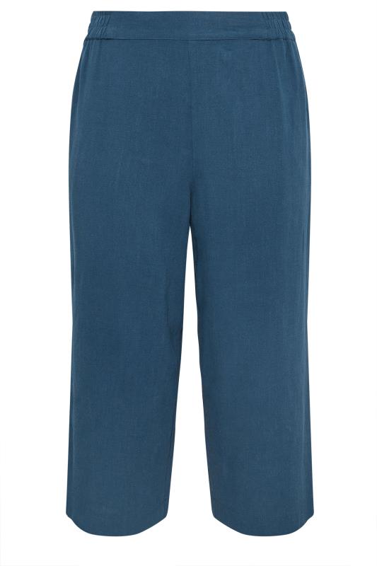 YOURS Plus Size Navy Blue Wide Leg Cropped Linen Trousers | Yours Clothing  5
