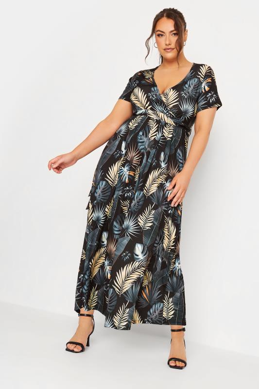 YOURS Curve Charcoal Black Leaf Print Wrap Dress | Yours Clothing