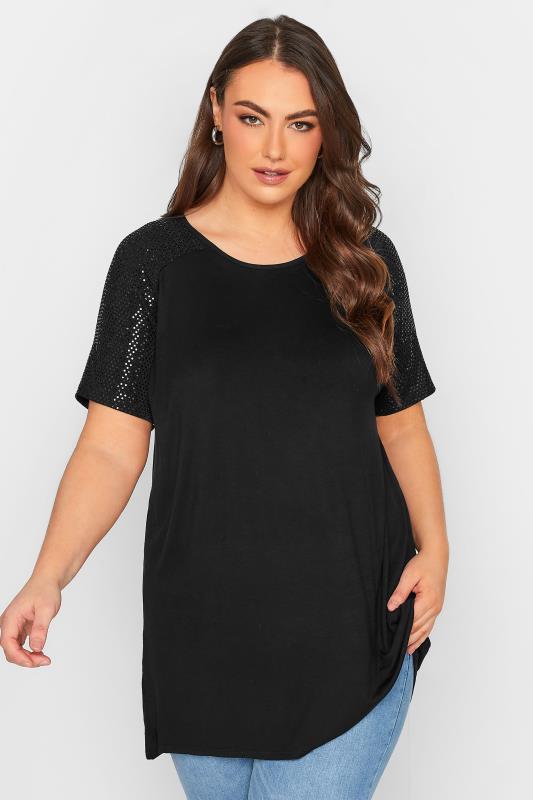 Plus Size Black Sequin Shoulder T-Shirt | Yours Clothing 1