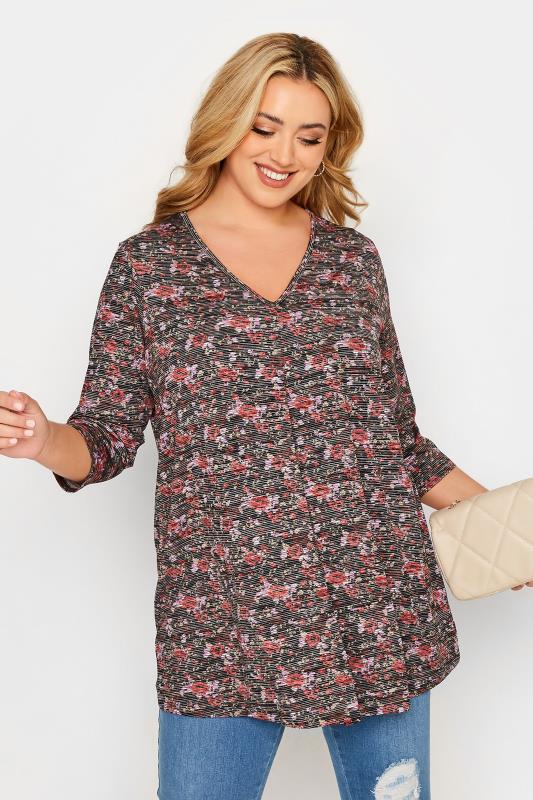 Plus Size Black Stripe Floral Print Swing Top | Yours Clothing 1