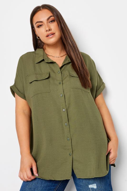Plus Size  YOURS Curve Khaki Green Utility Short Sleeve Shirt