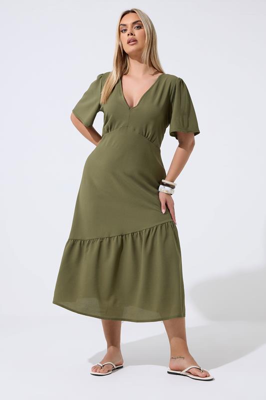 LIMITED COLLECTION Plus Size Khaki Green Deep V-Neck Maxi Dress | Yours Clothing 1