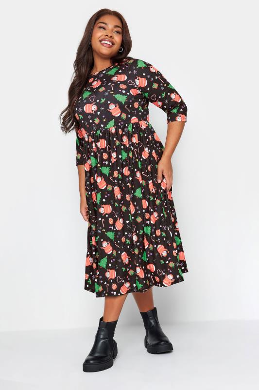 LIMITED COLLECTION Plus Size Black Snowman Print Christmas Smock Dress | Yours Clothing 1