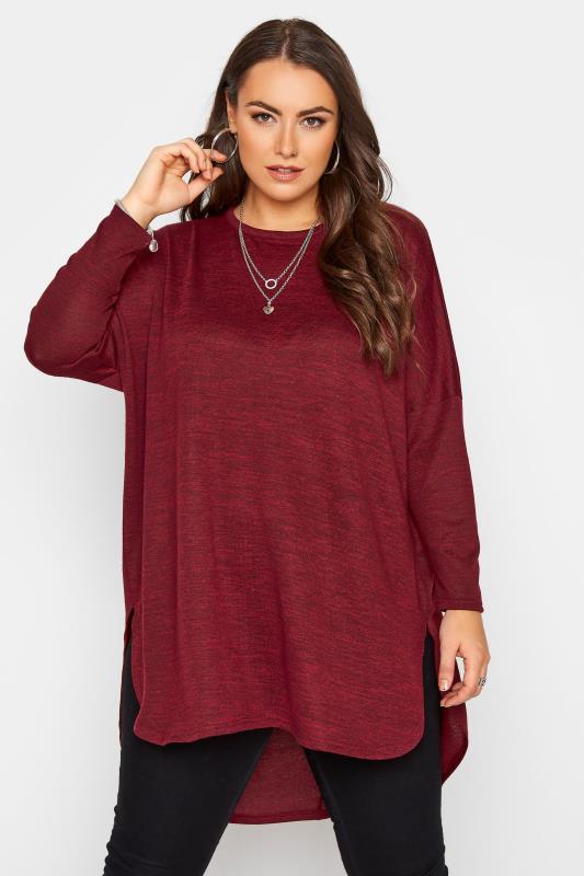 Plus Size  Red Marl Knitted Dipped Hem Top