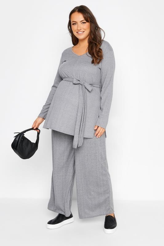 BUMP IT UP MATERNITY Plus Size Grey Ribbed Stretch Wide Leg Trousers | Yours Clothing 2