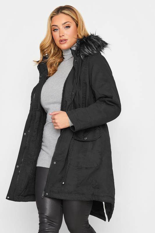 Plus Size Black Faux Fur Lined Hooded Parka | Yours Clothing 1