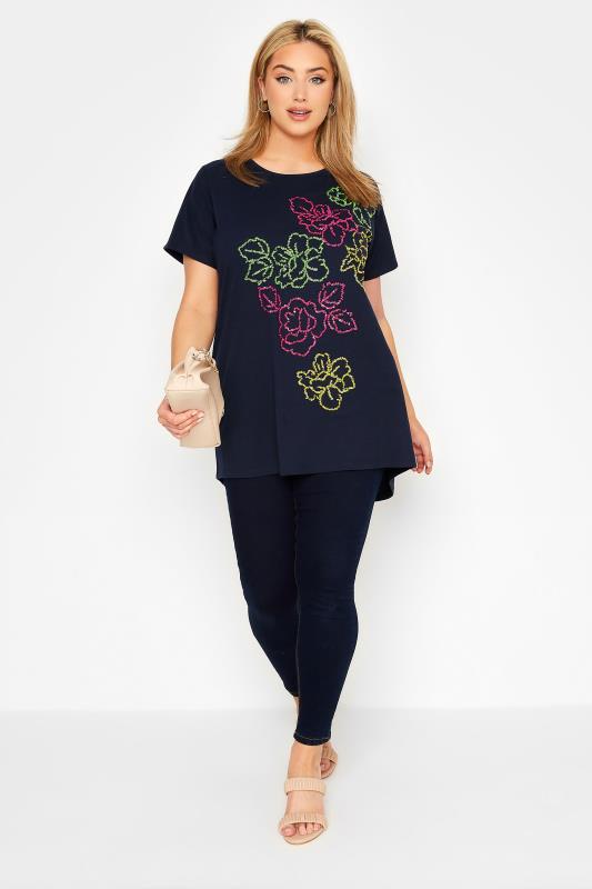 Plus Size Navy Blue Floral Sequin T-Shirt | Yours Clothing 2