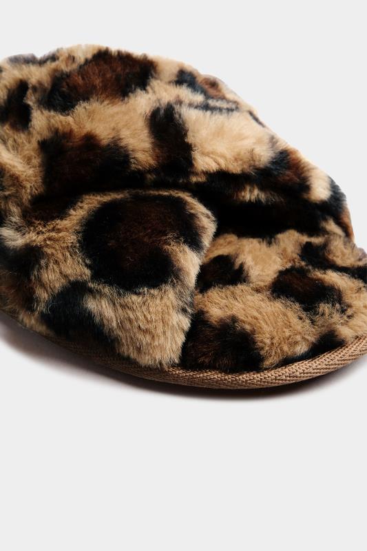 Plus Size Brown Leopard Print Vegan Faux Fur Cross Strap Slippers In Standard D Fit | Yours Clothing 6