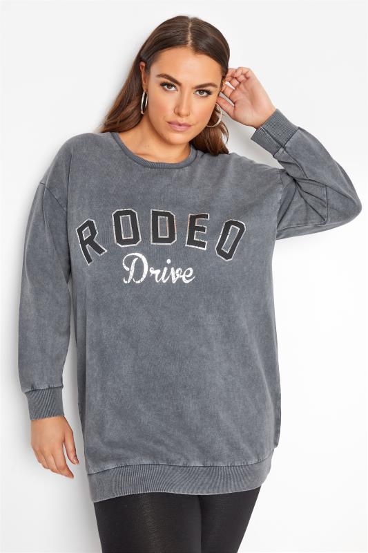 Plus Size  YOURS Curve Grey Acid Wash 'Rodeo Drive' Sweatshirt