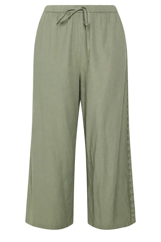 YOURS Plus Size Khaki Green Crochet Detail Linen Trousers | Yours Clothing 5