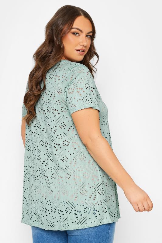 YOURS Curve Mint Green Plus Size Broderie Anglaise Swing T-Shirt | Yours Clothing 3