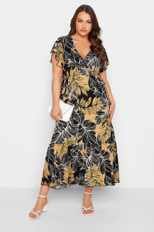 YOURS Plus Size Black & Yellow Floral Print Frill Sleeve Wrap Maxi Dress | Yours Clothing 2