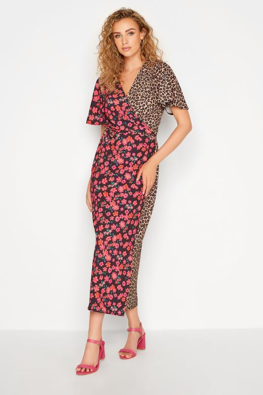 LTS Tall Black Contrast Leopard Floral Wrap Dress 1