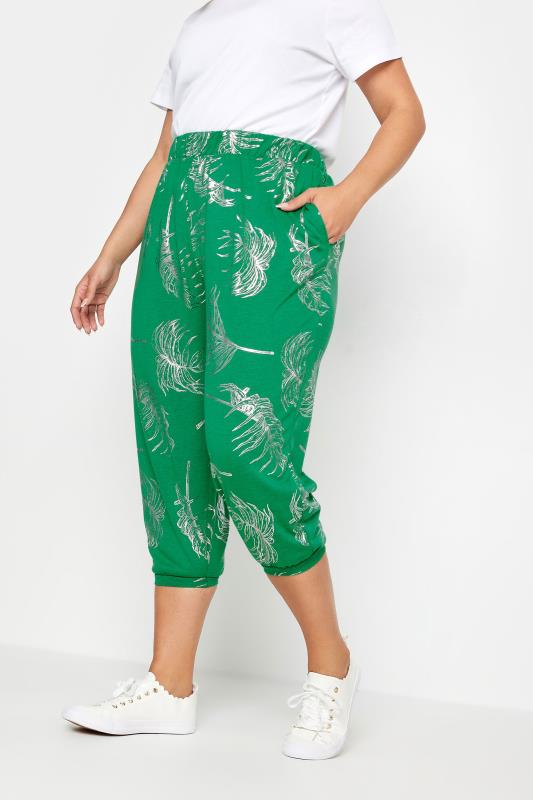 Plus Size  YOURS Curve Green Leaf Print Cropped Harem Joggers