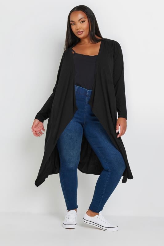  YOURS Curve Black Ribbed Waterfall Maxi Cardigan