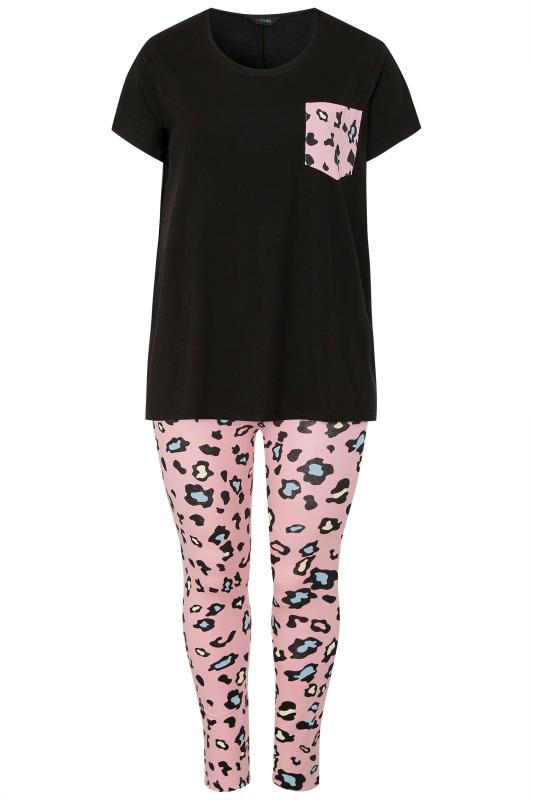 Black Pink Leopard Print Legging Pyjama Set Yours Clothing