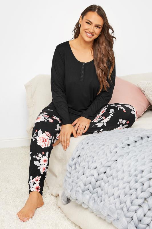Plus Size  Curve Black & Pink Floral Soft Touch Pyjama Set