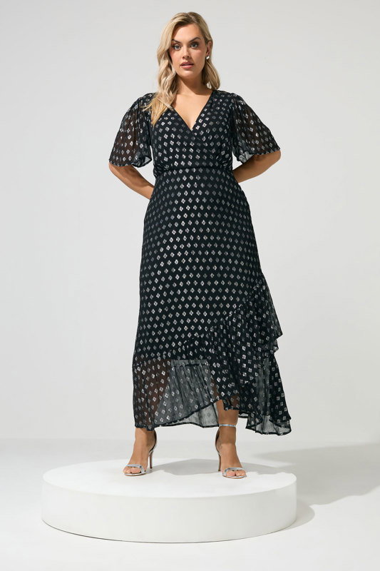 YOURS LONDON Plus Size Black & Silver Metallic Ruffle Wrap Dress
