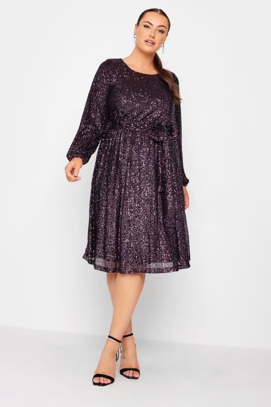 YOURS LONDON Plus Size Purple Sequin Skater Dress | Yours Clothing 3