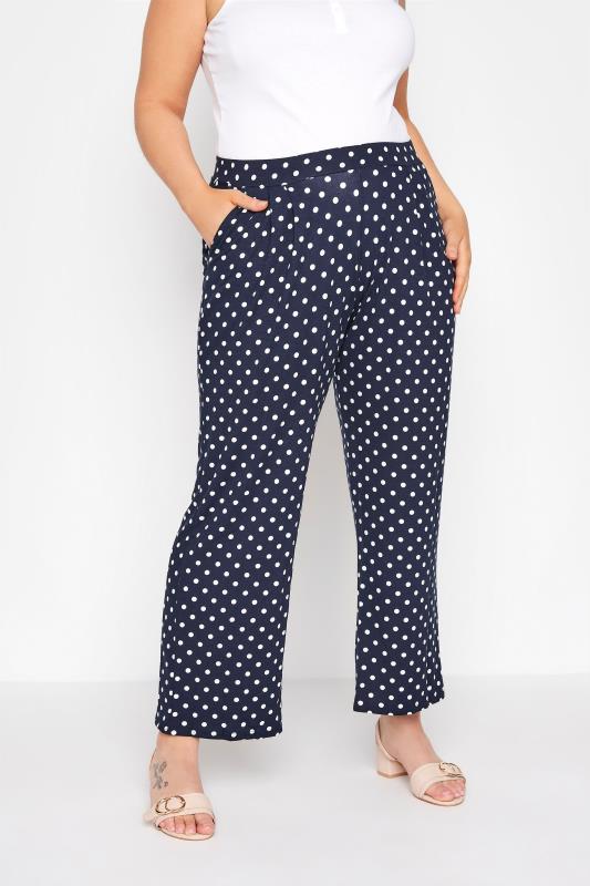 Plus Size  LIMITED COLLECTION Curve Navy Blue Spot Print Pleated Wide Leg Trousers