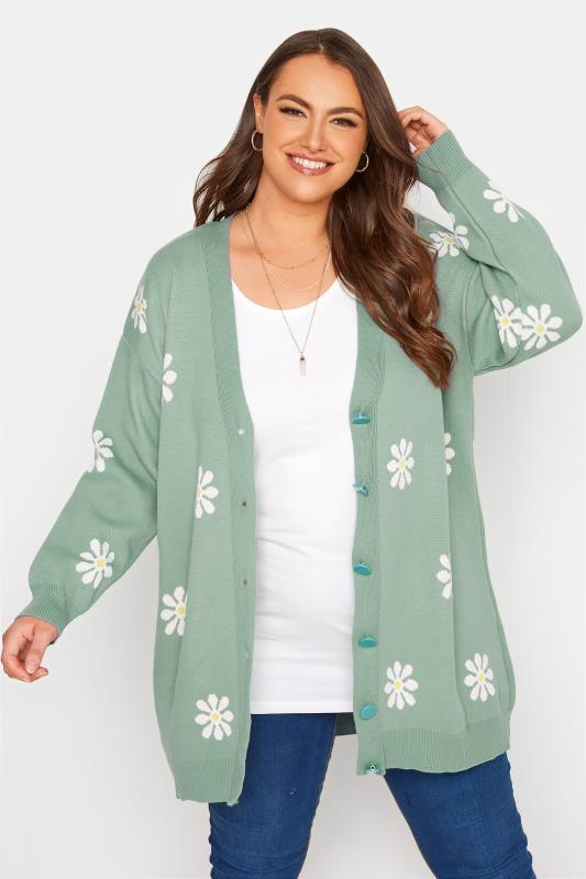 Curve Mint Green Floral Print Knitted Cardigan_A.jpg