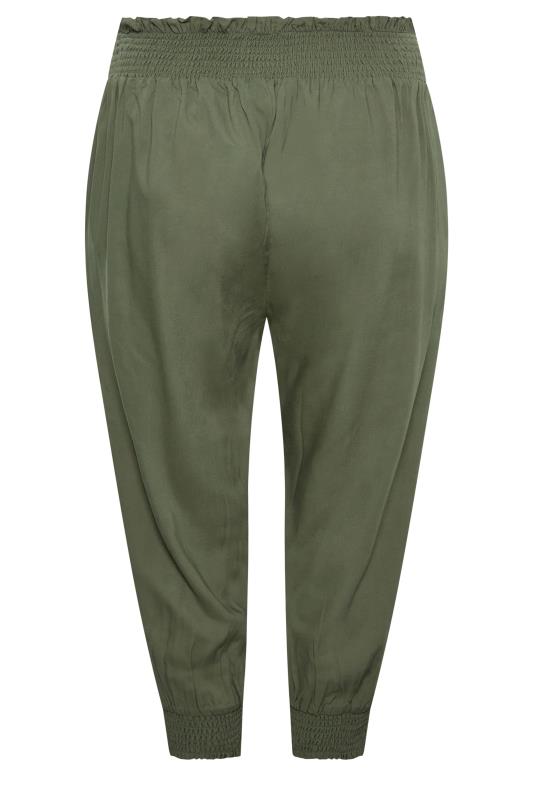 YOURS Curve Khaki Green Shirred Waist Cropped Harem Trousers | Yours Clothing 6