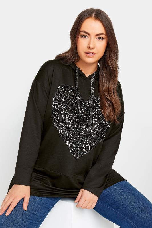 Plus Size  YOURS Curve Black Sequin Embellished Heart Longline Hoodie