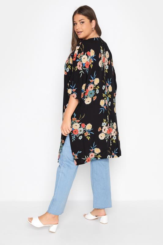 Plus Size Black Floral Print Longline Kimono Cardigan | Yours Clothing  3
