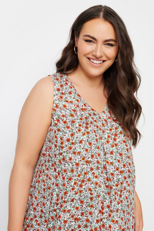 YOURS Plus Size Orange Floral Print Pleated Vest Top | Yours Clothing 4