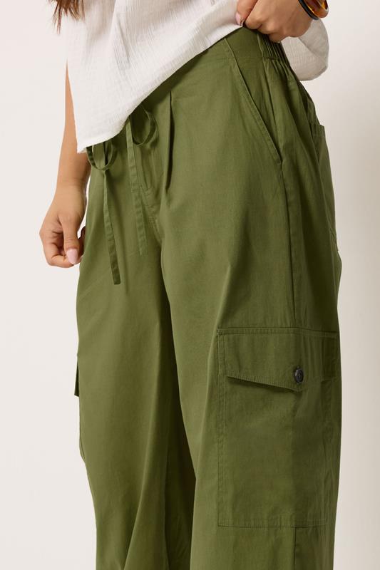 PixieGirl Petite Women's Khaki Green Poplin Cotton Cargo Barrel Leg Trousers | PixieGirl 4