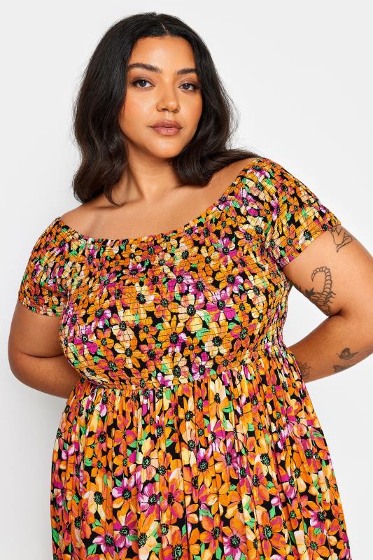 YOURS Plus Size Orange Ditsy Floral Print Shirred Bardot Maxi Dress | Yours Clothing 5