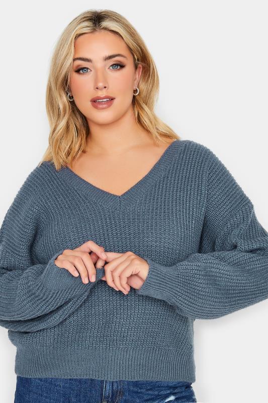 Plus Size  YOURS PETITE Curve Blue V-Neck Knitted Jumper