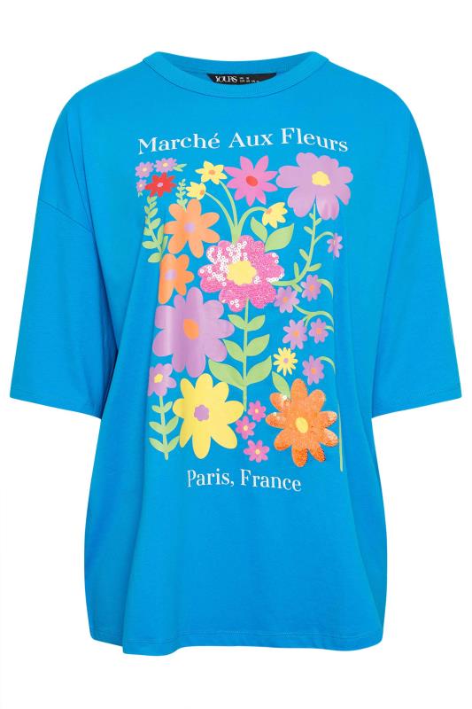 YOURS Plus Size Blue Floral Print 'Paris' Slogan Oversized T-Shirt | Yours Clothing 5