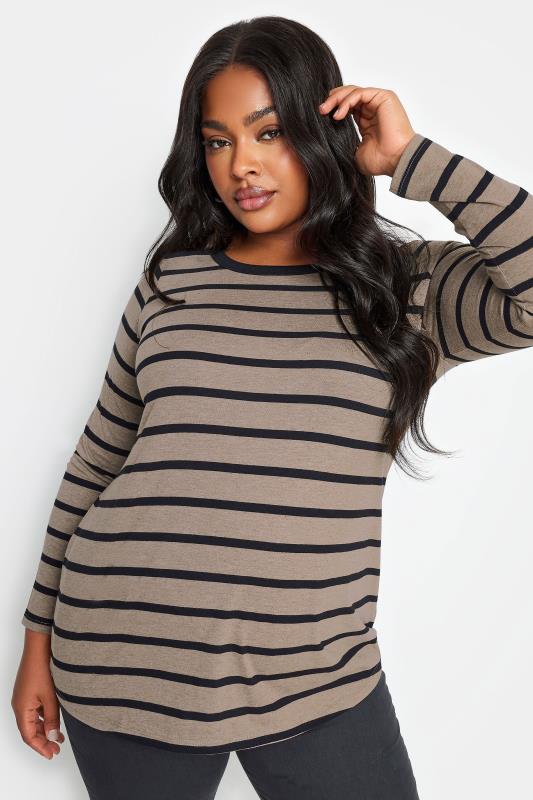 YOURS Plus Size 2 PACK Black & Brown Stripe Print Cotton Tops | Yours Clothing 2