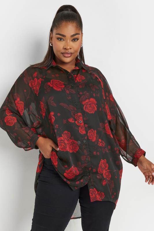 YOURS Plus Size Black Floral Print Dipped Hem Shirt | Yours Clothing 1