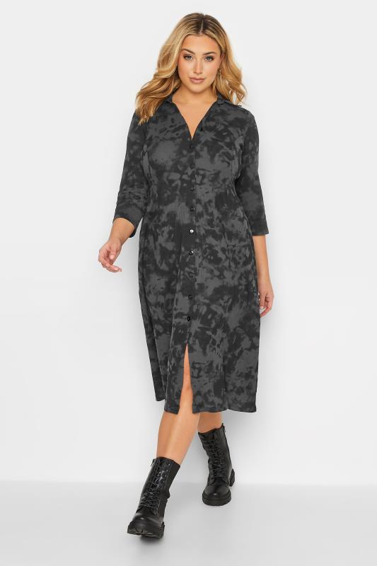  YOURS Curve Black Tie Dye Collared Midi Dress