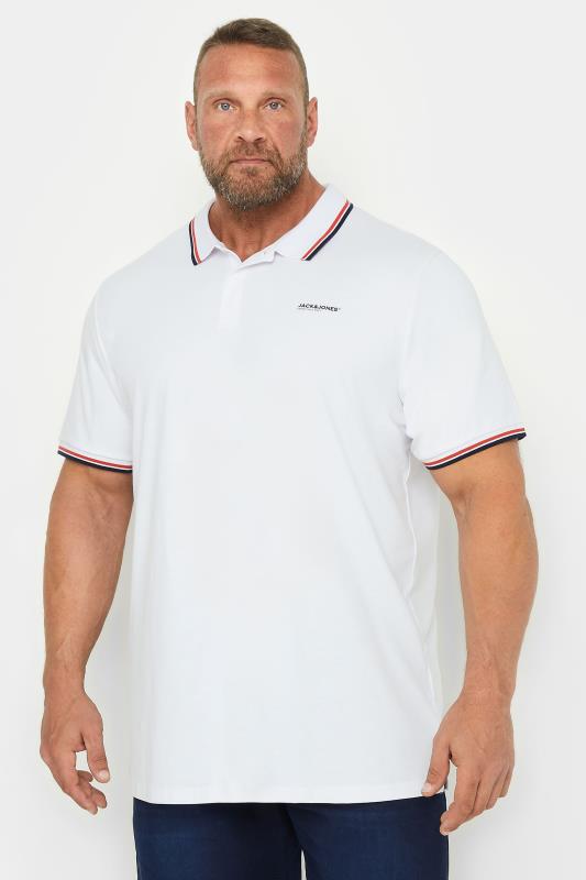 JACK & JONES Big & Tall White Short Sleeve Logo Tipped Polo Shirt | BadRhino 1