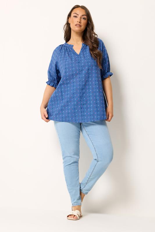 YOURS Plus Size Blue Dobby Frill Neck Top | Yours Clothing 1