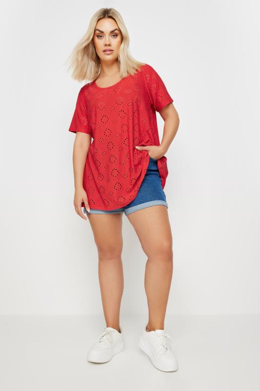 YOURS Plus Size Red Broderie Anglaise Swing T-Shirt | Yours Clothing 2