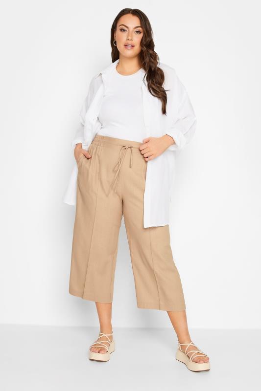YOURS Plus Size Stone Brown Linen Look Culottes | Yours Clothing 2