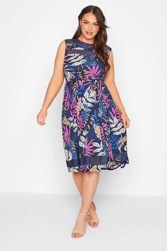 Plus Size Navy Blue Tropical Print Mesh Panel Skater Dress | Yours Clothing  1
