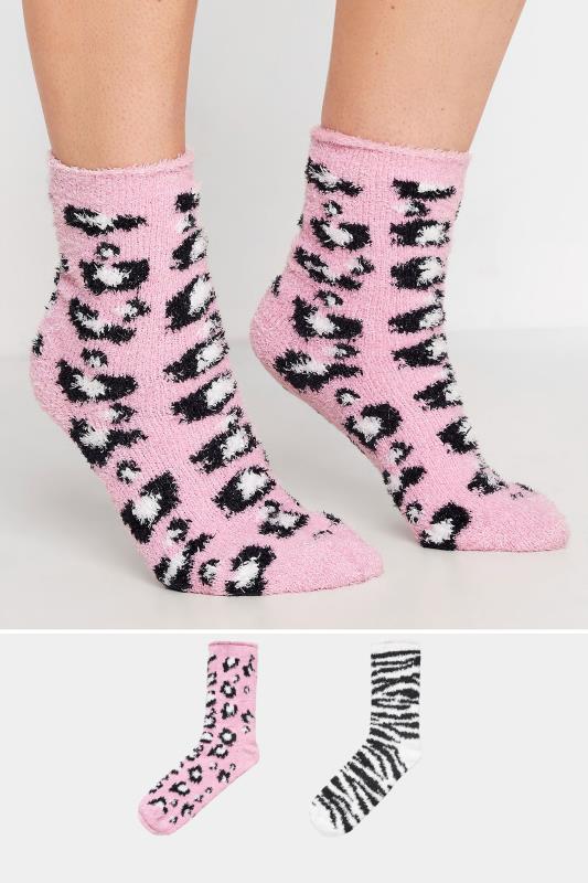 2 PACK Pink & White Animal Print Fluffy Ankle Socks | Yours Clothing 1