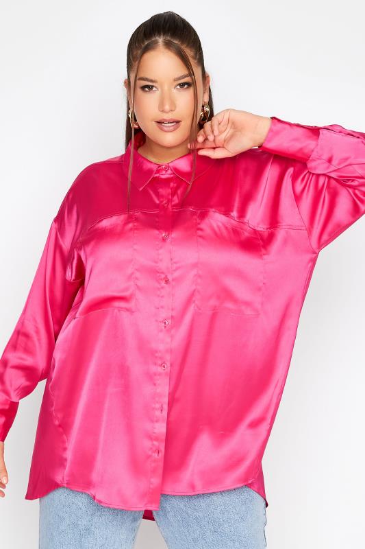 LIMITED COLLECTION Curve Hot Pink Satin Shirt_A.jpg
