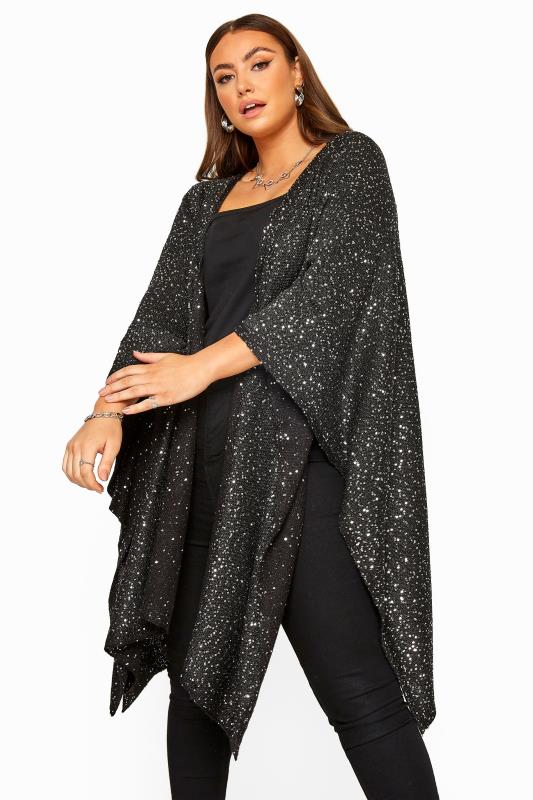 Black Sequin Embellished Knitted Cape | Yours Clothing
