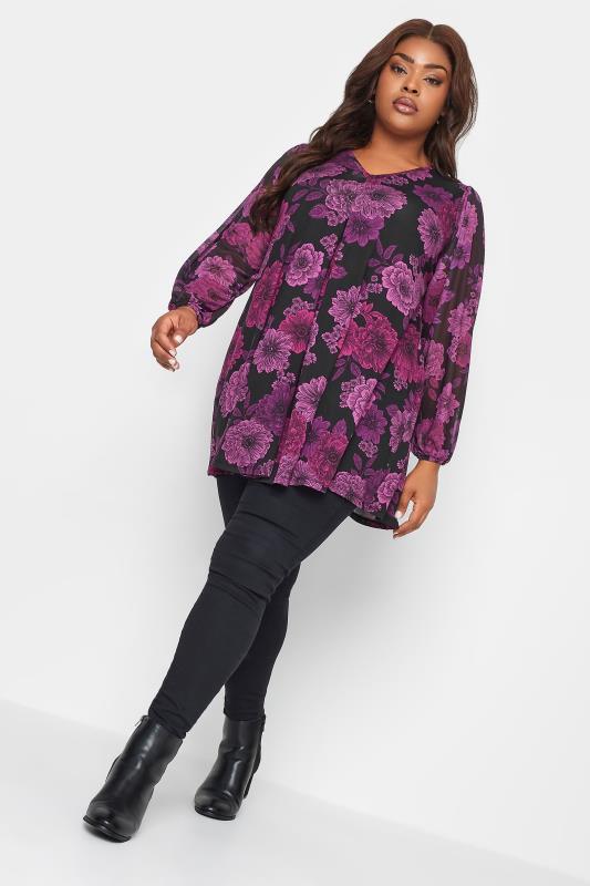 YOURS Plus Size Purple Floral Print Mesh Sleeve Pleated Top | Yours Clothing  2