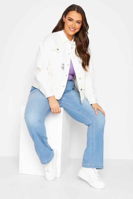 YOURS Curve White Distressed Western Denim Jacket | Yours Clothing  2